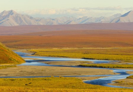 alaskan tandra - river, tanda, grass, mountains