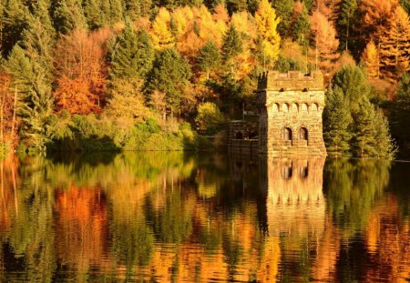 autumn colors - building, lake, autumn, forest