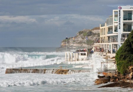 heavy surf on bondi beach australia - waves, surf, buildings, beach