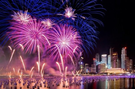 fantastic fireworks in the bay - night, singapore, wallpaper, bay, abstract, city, fireworks, new, lights