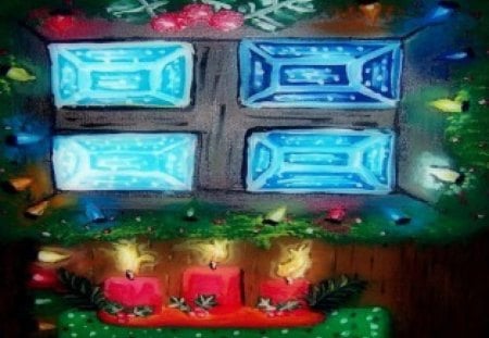 Christmas decorations around a color glass window - christmas, painting, decorations, background, houses