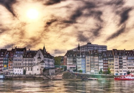 wonderful riverfront in basil hdr - city, clouds, river, boat