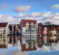 reflection in a flooded european town