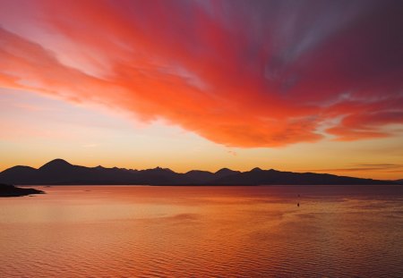 beautiful orange seascape - orange, shore, sea, clouds