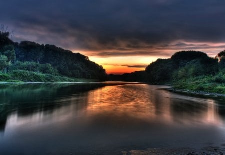 Beautiful Lake - sky, trees, water, yellow, reflection, clouds, orange, dusk, grass, land, lake, mountain, daylight, day, light, nature, forest