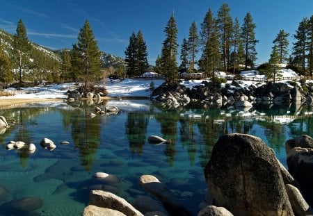 Winter Lake - trees, winter, snow, rock, forest, reflection, daylight, nature, land, cold, day, sky