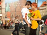 couple gives flowers