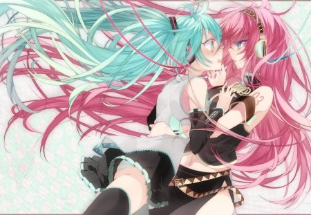 Luka... Wait Wha!?! - blushing, anime, vocaloid, female, twin tail, skirt, hatsune miku, pink, long hair, girls, drawing, headphones, megurine luka, stocking