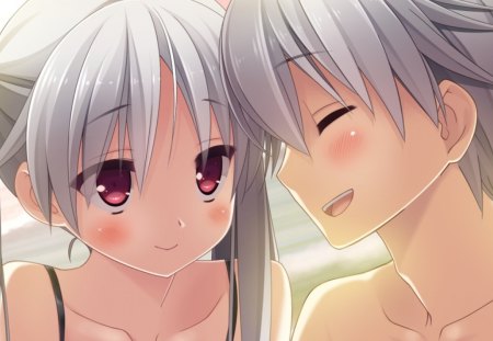 twintails - gray hair, blush, red eye, twin