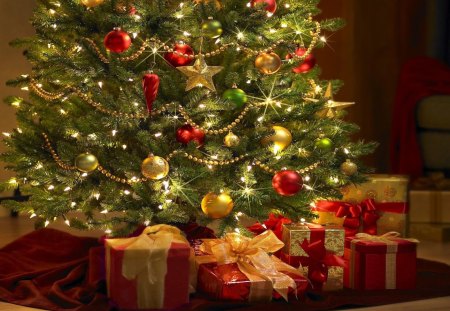 ☆ One Traditional Christmas ☆ - gifts, presents, magical, style, red, merry christmas, golden, preciou, winter, forever, beautiful, love, wonderful, nature, christmas tree, season, lights, green