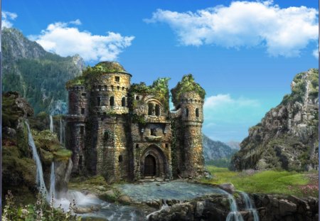 CASTLE - flowers, clouds, waterfalls, mountains, castle, sky