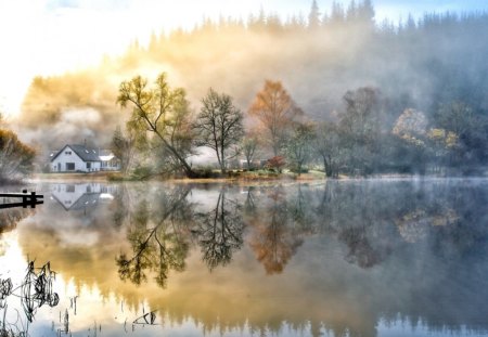 autumn morning - morning, nature, lake, dew