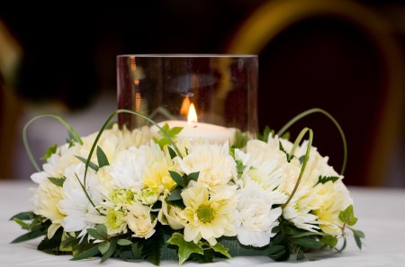 â€¢âœ¿â€¢ Holy Light of Christmas â€¢âœ¿â€¢ - love, candle, mums, carnations, nature, white, flame, merry christmas, forever, arrangement, table, centrpiece, flowers