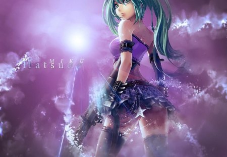 Hatsune Miku - gun, hatsune miku, thigh highs, female, stockings, miku hatsune, purple background, green eyes, vocaloid, short skirt, weapon, miku, green hair