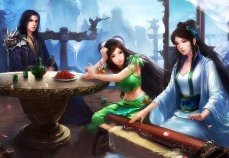 Oriental - anime, female, food, maiden, dress, long hair, boy, male, music, oriental, fruit, anime girl, beautiful, girl, chinese, table, beauty, sweet, cute