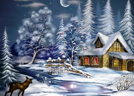 Winter cabin - new year, cottage, trees, stream, creek, painting, cold, evening, noel, river, holiday, moonlight, house, frozen, moon, winter, night, smoke, deer, christmas, village, frost, snow, eve, cabin, lights