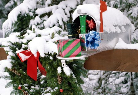 Special delivery - pretty, fun, gifts, snowflakes, snow, joy, santa claus, mail, holiday, ribbon, frost, nice, branches, winter, decoration, special, beautiful, present, lovely, icy, tree, christmas, colorful, ice, frozen, white, new year, snowing, cold, mailbox, delivery