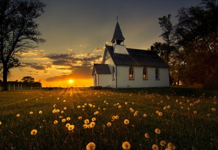 Church - morning, field, church, sun