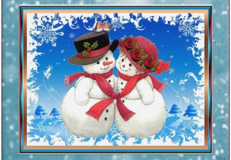 LET'S SNUGGLE UP AND KEEP WARM! - snowlady, winter scene background, snowman, cuddle