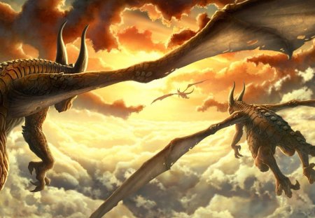 dragon trail - clouds, sunset, dragon, 1080p, dinosaur, wings, hd