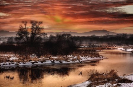 gorgeous riverscape in winter - river, trees, shores, winter, sky