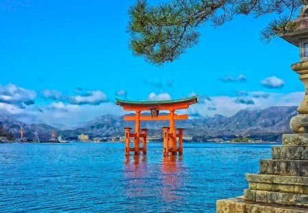 itsukushima shrine ina bay in japan hdr - hdr, shrine, statue, bay