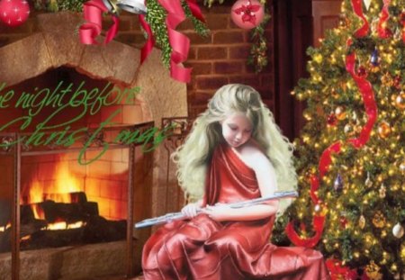 THE NIGHT BEFORE CHRISTMAS - child, decorations, flute, tree, female, christmas