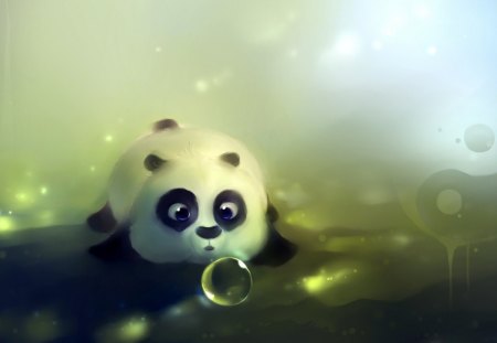 Panda Loves Bubbles - abstract, blue, beautiful, panda, curious, bears, bubbles, cute, animals