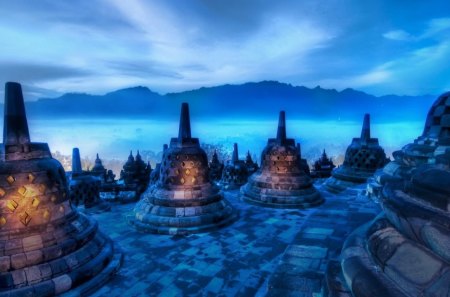 amazing temple in india hdr - cones, fog, blue, temple, mountains