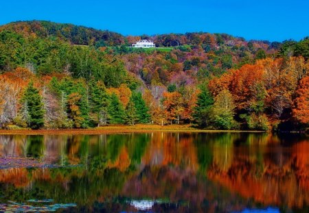 nice mansion above an autumn lake - lake, forest, mansion, autumn