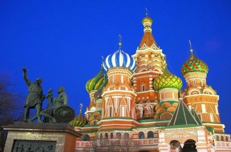 wonderful church in moscow - domes, statue, lights, church