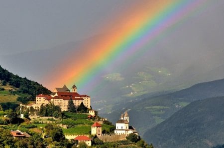 magical rainbow over mountain castle - valley, rainbow, mountain, castle