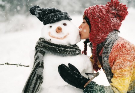 â™¥kissing the snowmanâ™¥ - snowman, winter, kiss, snow