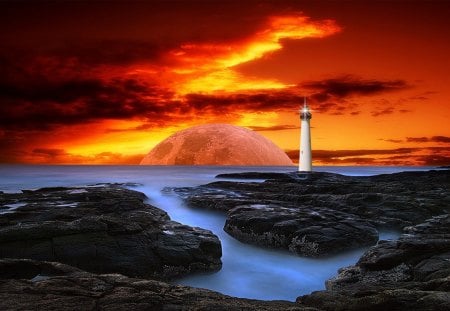 Vision of Twilight - photomanipulation, moon, vision, lighthouse, vision of twilight, fantasy, rocks, coast, abstract, clouds, red, twilight