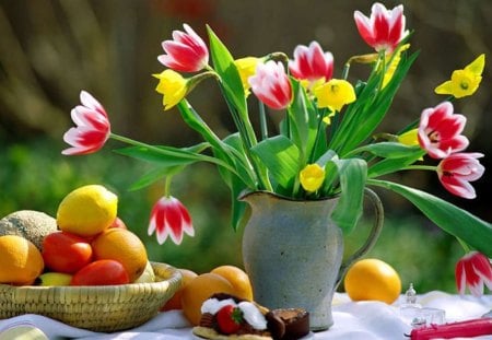 flowers n fruits! - nice, morning, fresh, fruits, lovely, bright, colours, beautiful, flowers