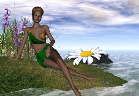 Lady in Green - lady, fantasy, water, flowers, abstract