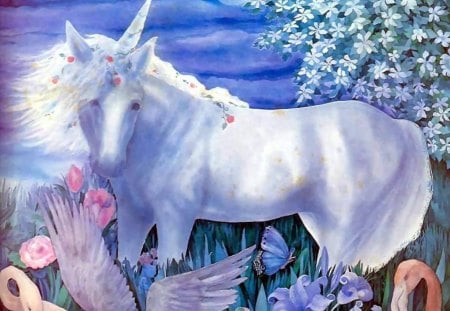 Unicorn - flowers, white, horn, horse, flamingo