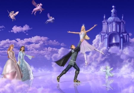 Barbie and the Magic of Pegasus - women, dance, joy, wings, barbie, winged, cartoons, castle, clouds, pegasus, prince, fly