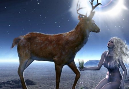 the gift of life - girl, deer, life, star light