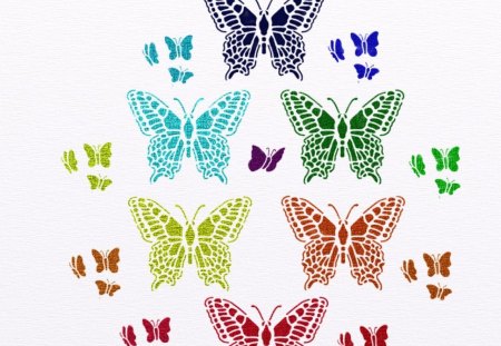 rainbow color butterflies - white, yellow, blue, red, green, background, orange