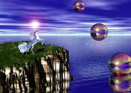 Unicorn and Spheres - hill, sky, water, glow, horn, globes, clouds, unicorn, spheres