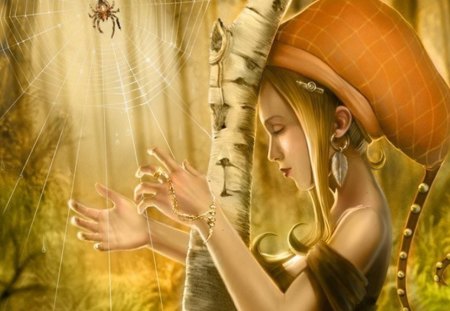 Spider Harp - beauty, girl, sunlight, forest, spider, birch, fantasy, cg