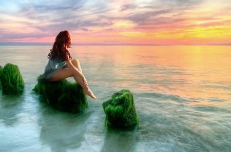 enjoying the sunset - girl, sea, sunset, nature