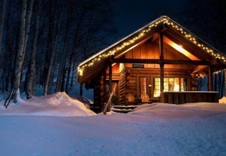 Cabin In The Winter - house, snow, winter, lights