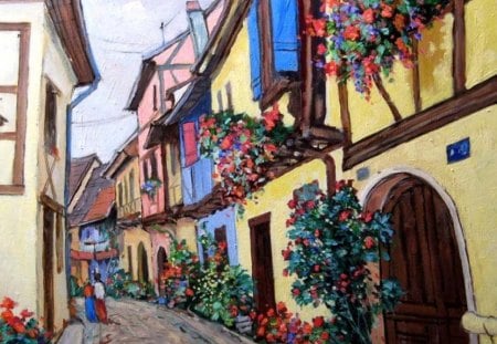 David Croitor. Old street in Eguisheim - david croitor, strret, art, painting