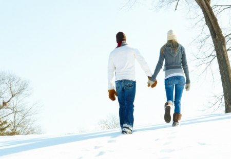 A Romantic Walk On Snow - romantic, walk, snow, hand