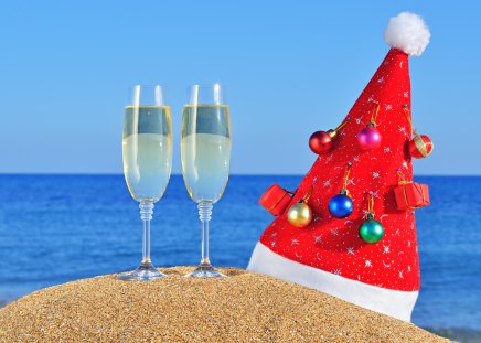 Merry Christmas - new year, beauty, sky, beach, xmas, glasses, happy holidays, magic, photography, champagne, magic christmas, christmas decoration, wine, balls, pretty, decorations, holiday, sand, glass, ball, lovely, christmas, happy new year, holidays, merry christmas, christmas ball, beautiful, sea, decoration