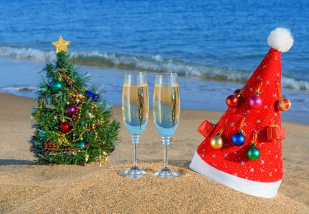 Happy Holidays - new year, beauty, beach, ocean waves, xmas, hat, glasses, happy holidays, magic, photography, champagne, magic christmas, christmas decoration, balls, pretty, decorations, holiday, sand, ocean, glass, ball, lovely, christmas, waves, christmas tree, happy new year, holidays, merry christmas, christmas ball, beautiful, sea, decoration