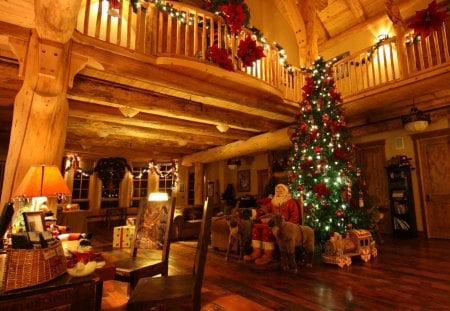 Lodge At Christmas Time - christmas, lights, lodge, wood, cozy, interior, tree