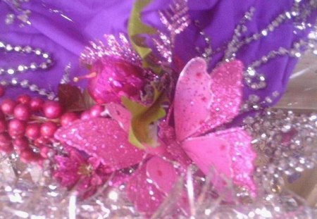 Christmas Butterfly - purple, butterfly, silver, pink, grapes, beads, christmas